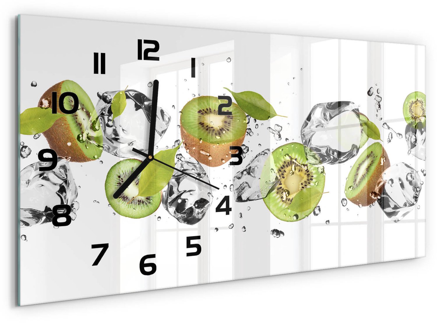 TULUP Wandklok - Kiwi en water Wandklok Glas Met Motief - 60x30 cm - Groente Decoratieve Glazen Klok - Zwarte handen - Rechthoekige Klok - Gekleurde Glazen Klok - Glazen Klok Met Print