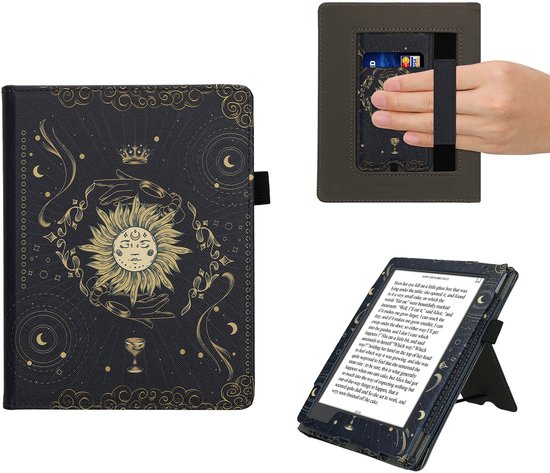 kwmobile e-reader hoesje geschikt voor Kobo Aura H2O Edition 2 hoes - E reader flip case van kunstleer - Ereader cover met stand - Tarotkaart design in donkerblauw / geel / zwart — afbeelding 5