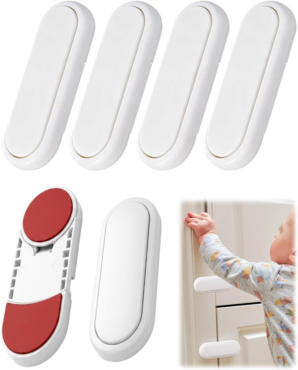Set van 6 Witte Kinderkastsloten met Sterke Lijm, Geen Boren, Veiligheid voor Kasten, Lades en Koelkasten, Verstelbare Lengte en Eenvoudige Installatie
