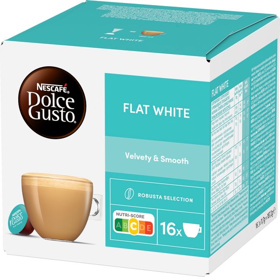 NESCAFÉ Dolce Gusto Flat White verpakking met een mok koffie, 16 cups en voedingswaarde.