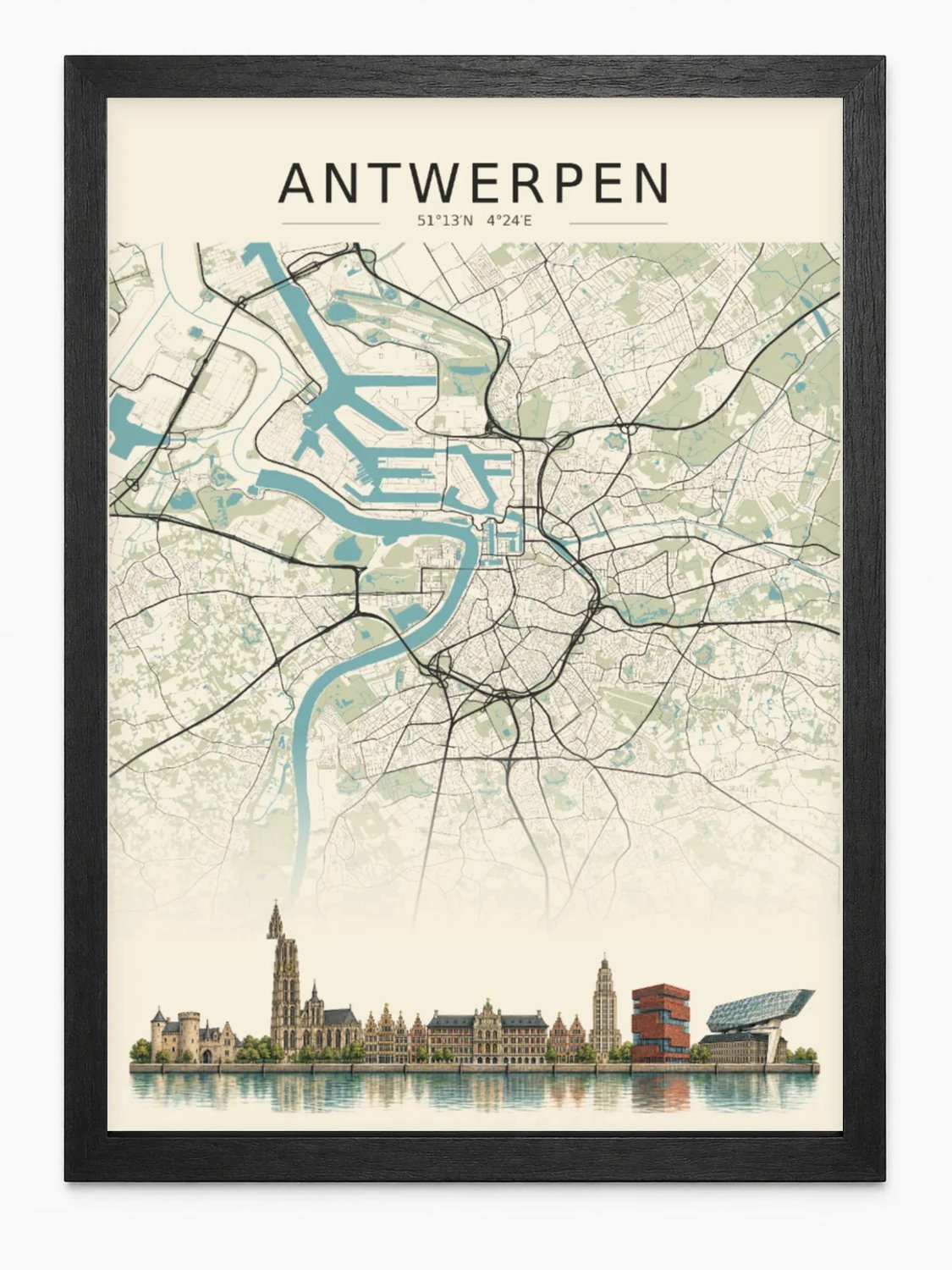 Antwerpen Poster | Stadskaart met Skyline | Stadsposter | Inclusief Zwarte A3 Lijst