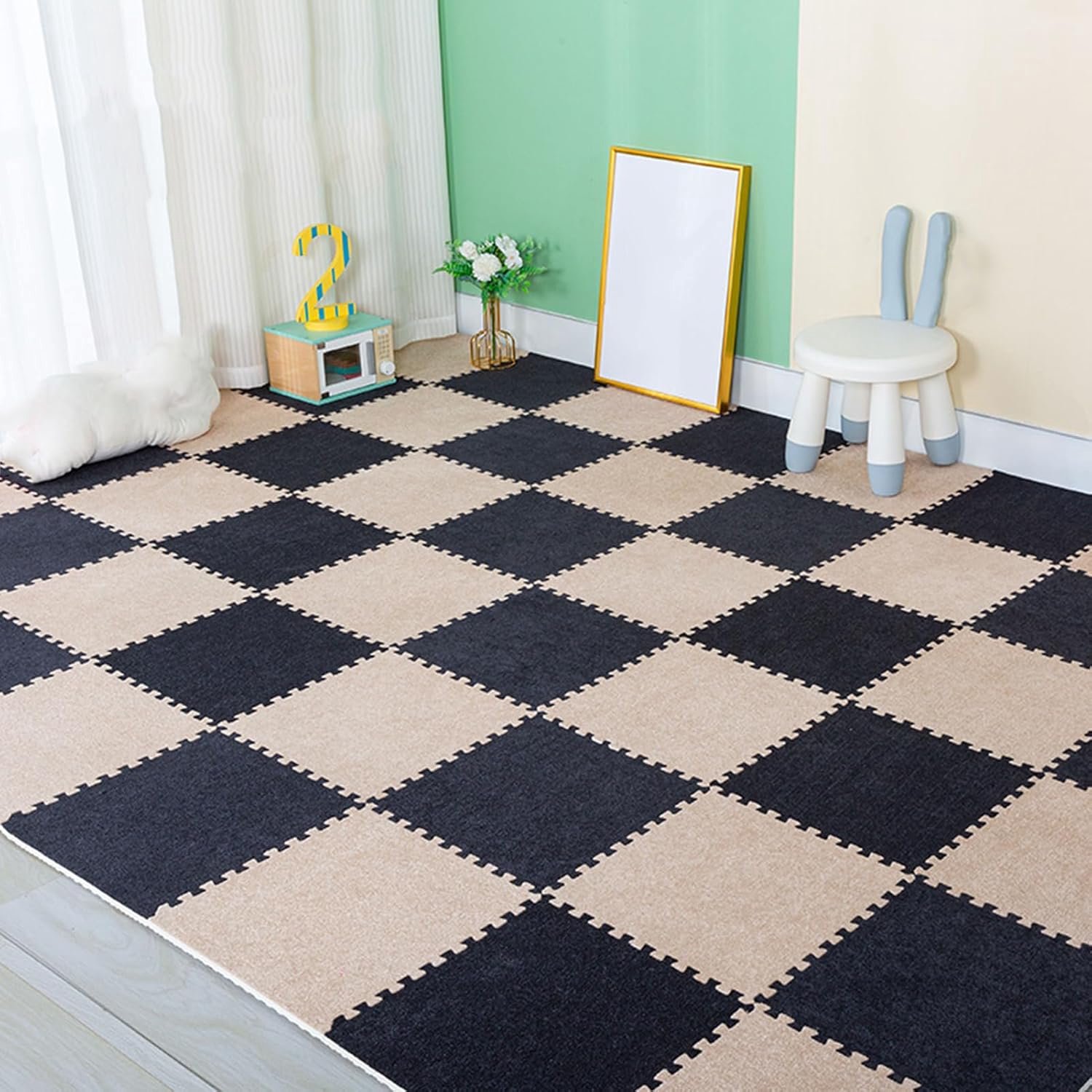 Puzzelstuk Vloermat, Puzzelmat Voor Woonkamer, In Elkaar Grijpende Tapijtvierkanten, 12X12 Inch Vloertegels Voor Slaapkamer, 48 Stuks (Kaki + Donkergrijs 0,23 Inch)
