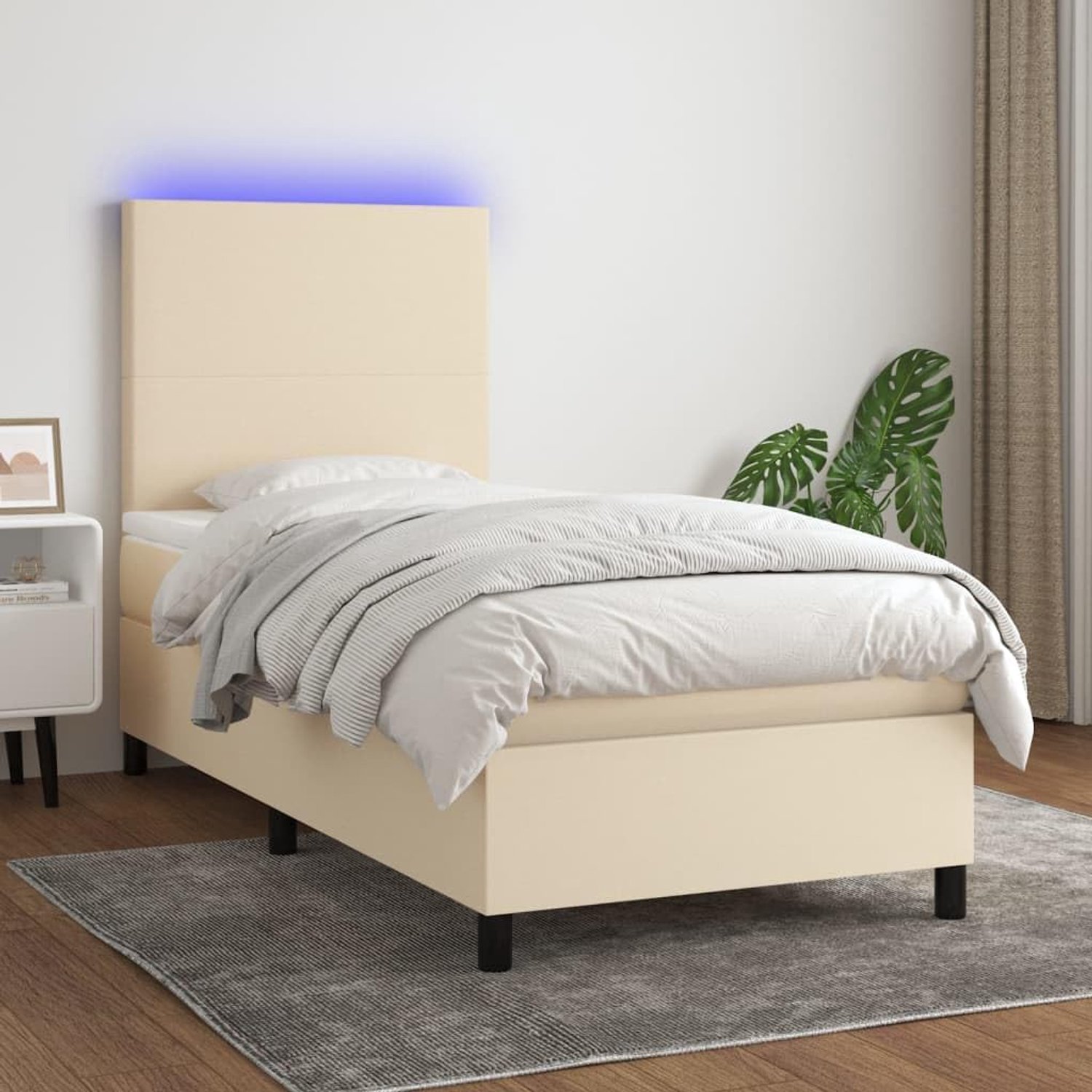 Familiebed, palletbed, boxspringbed met matras en ledverlichting, crème, 80 x 200 cm, stof