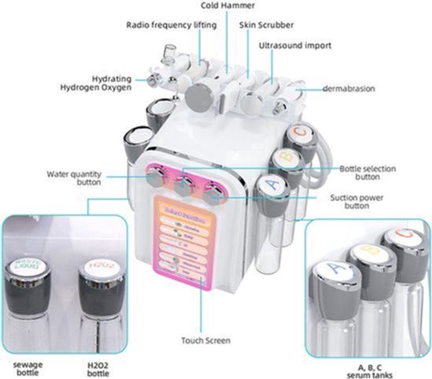 Gezichtsreinigingsapparaat 6 In 1 - 350 W Vermogen - Kunststof Materiaal - Voor Acne En Porie Verwijdering - Hydro Dermabrasie