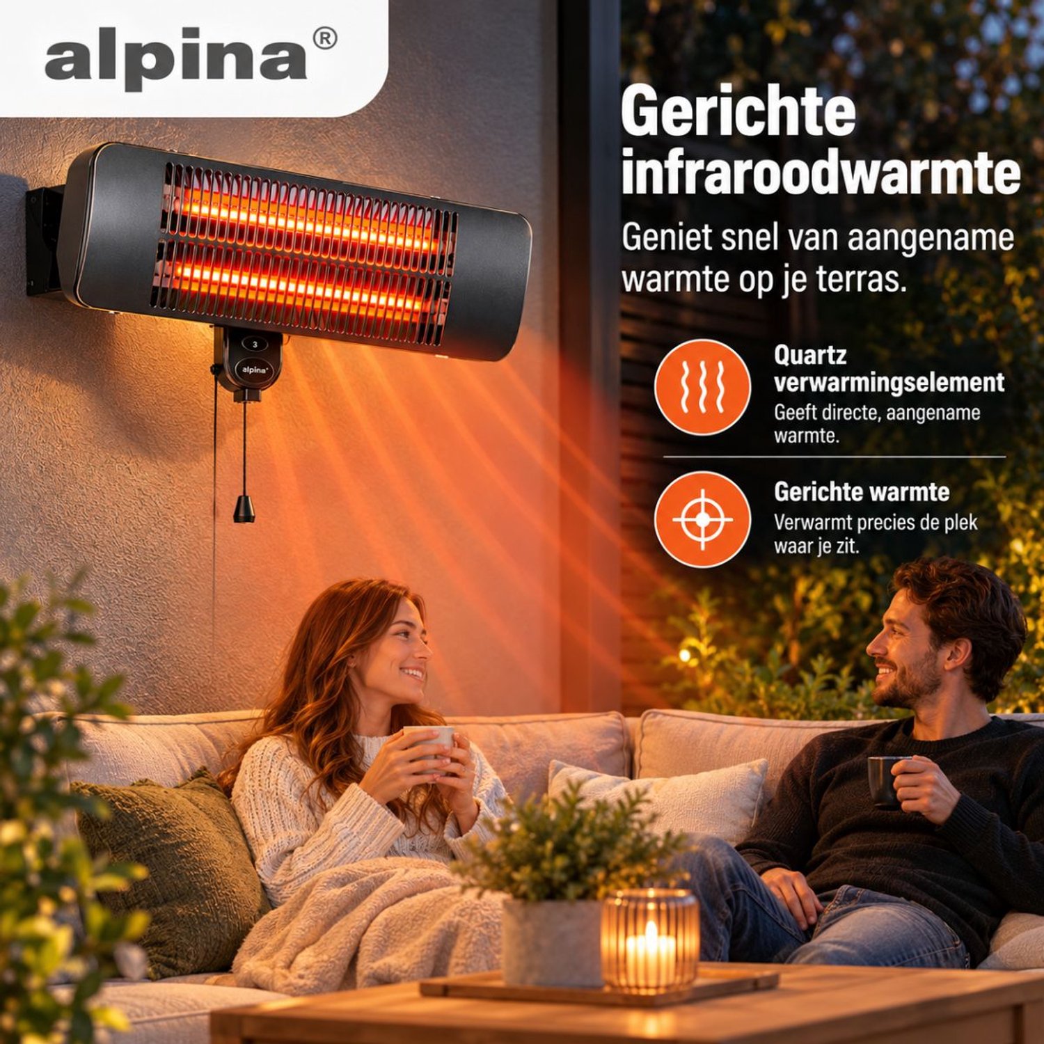 alpina Infrarood Verwarming Hangend - Terras Heater 2000W 3 Warmtestanden - Spatwaterdichte Terrasheater IP34 met Infrarood Paneel - Terrasverwarmer – foto 6