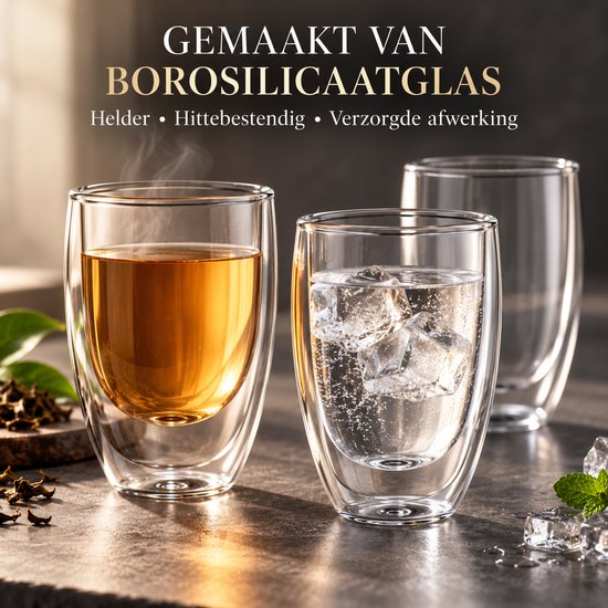 Dubbelwandige Koffieglazen Set van 6 - Theeglazen 350 ml - Borosilicaatglas - Dubbelwandige Theeglazen — cadeau in Koken & Dineren - foto 4