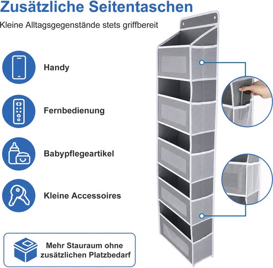 MIVRAY Deur Organizer – 5 Vakken Met Meshvakken – 40 × 14 × 147 cm – Vliesstof, Karton En Metaal – Grijs Zwart – Hangende Opberger Voor Slaapkamer, Badkamer Of Voorraadkast — afbeelding 4