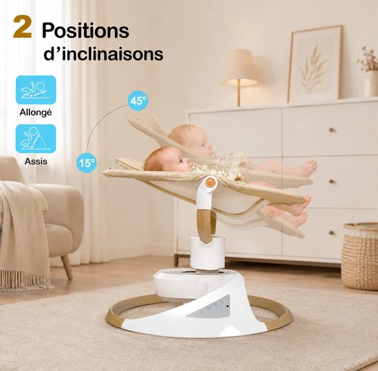 BEBE2LUXE EMY Elektrische Babyschommel en Wipstoel, 360° draaibaar, Bluetooth, afstandsbediening, 5 snelheden, tot 9 kg (beige) — afbeelding 2