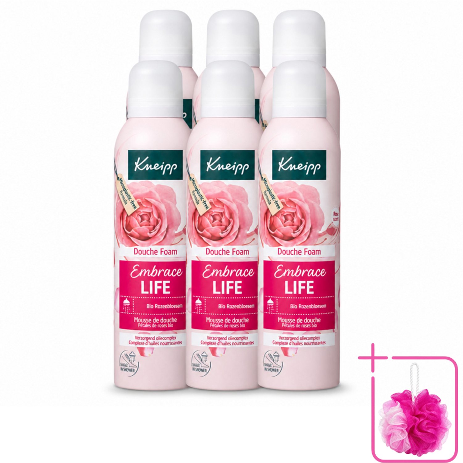 6 x Kneipp - Douche schuim - Embrace Life - Anti‑Aging verzorging - 200 ml - Bulkverpakking - Douche foam - Douchemop - Roze schuim