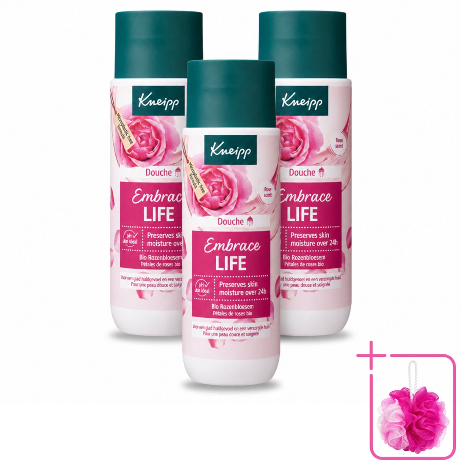 3 x Kneipp - Douchegel - Embrace Life - 200 ml - Bulkverpakking - Douchegel - Douchemop - Roze geur