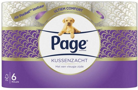 Verpakking van 6 rollen Page Kussenzacht toiletpapier met een gouden pup en paarse details.
