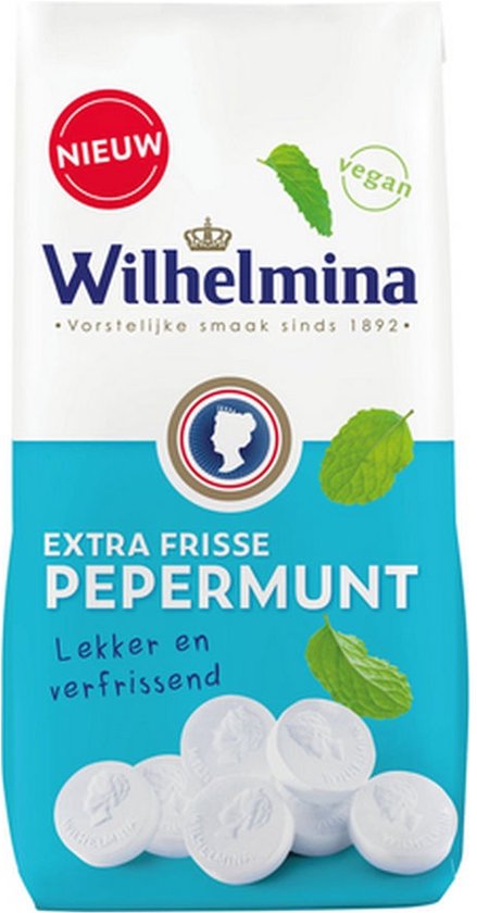 Witte zak Wilhelmina pepermunt met blauwe onderkant, vegan logo en afbeelding van pepermuntblaadjes en witte pepermuntjes.
