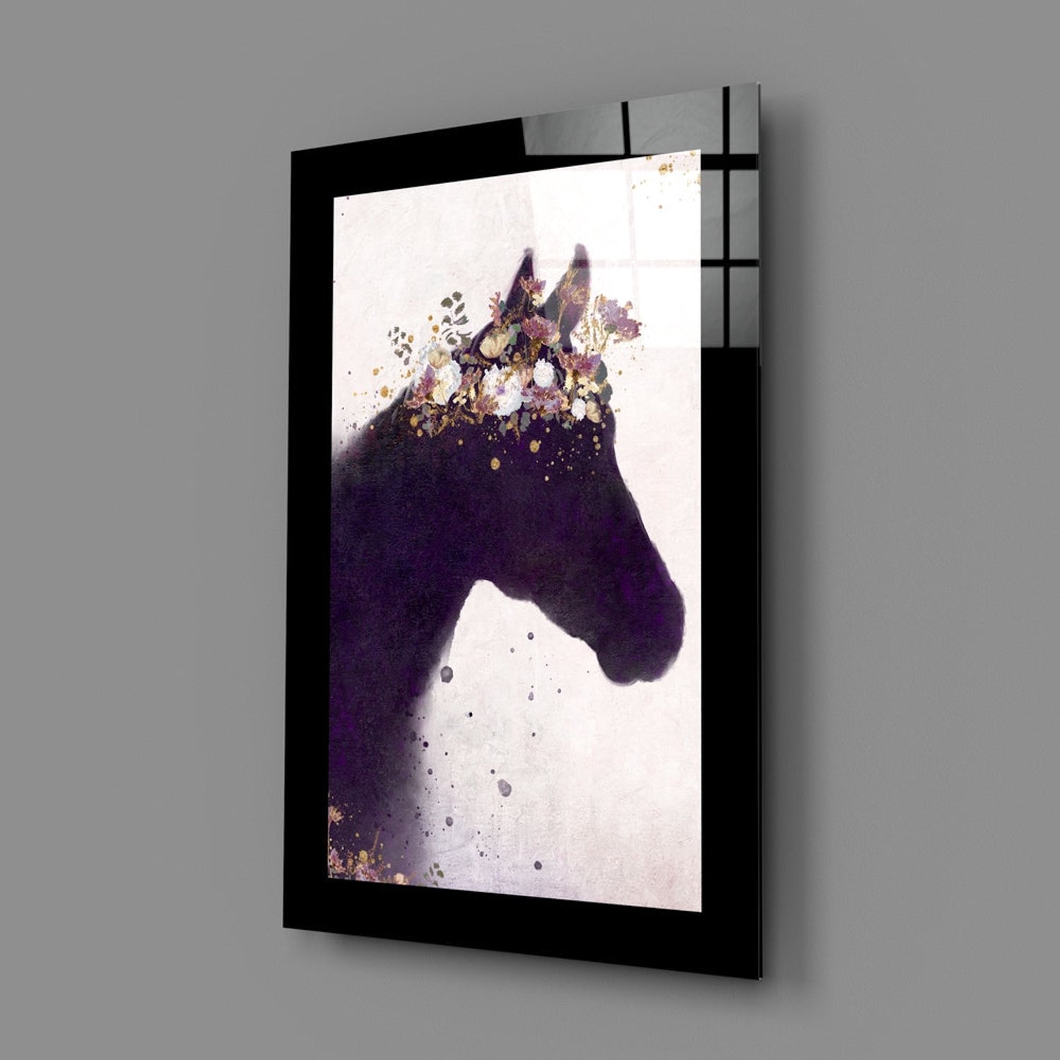 Insigne Art Glasschilderij – Paard met Gouden Bloemenkroon – Decoratieve Kunst aan de Muur Meerkleurig