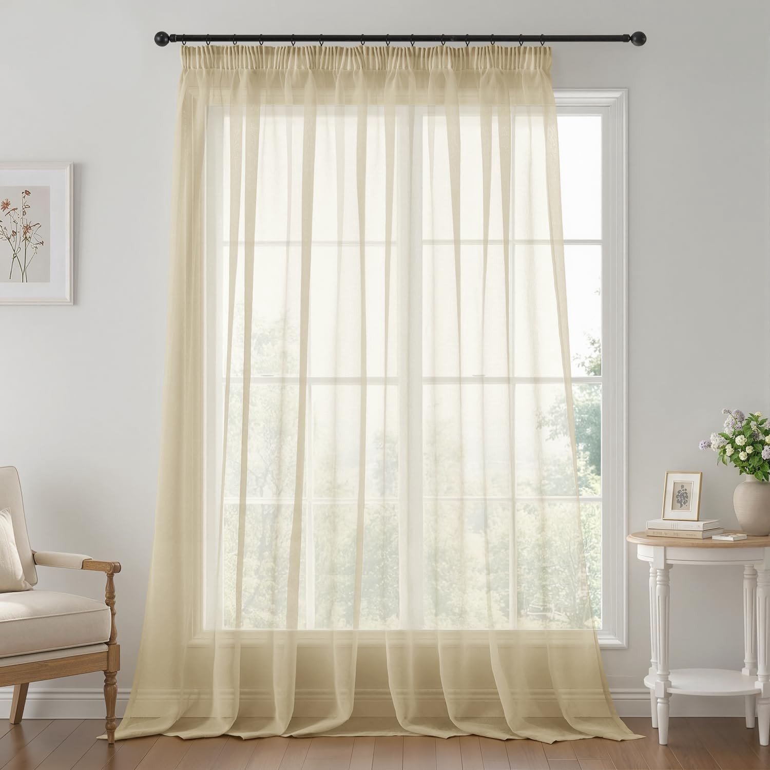 Transparante Korte Gordijnen met Rimpelband voor de Woonkamer en Slaapkamer - 300x225 cm Beige