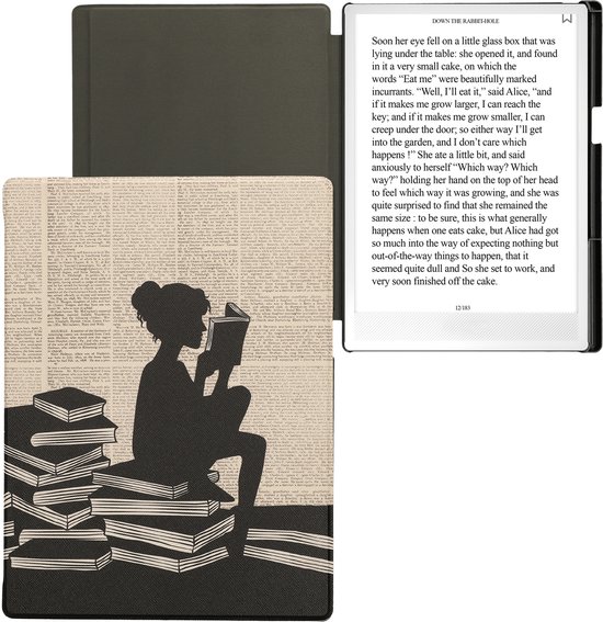 kwmobile e-reader hoesje geschikt voor Pocketbook InkPad One hoes - E reader flip case met magnetische sluiting - Ereader cover - Meisje met boeken design in zwart / beige — afbeelding 3