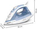 Witte en blauwe Tefal Virtuo 30 met afmetingen van 30 cm bij 13 cm en 18 cm hoog.