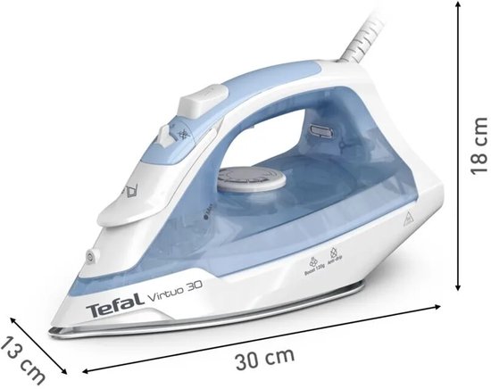 Witte en blauwe Tefal Virtuo 30 met afmetingen van 30 cm bij 13 cm en 18 cm hoog.