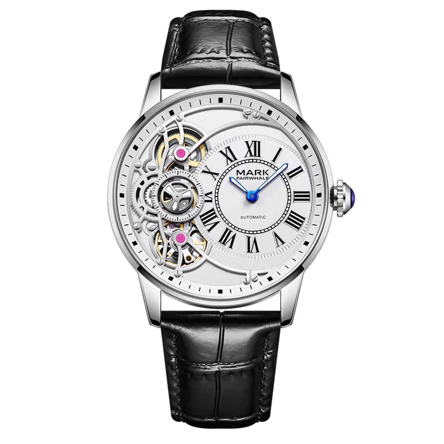 Soraro Herenhorloge Automatisch – Skeleton Design – Romeinse Cijfers – Zwarte Leren Band – Zilverkleurig - Elegant