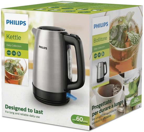 Emballage de bouilloire Philips Daily Collection avec le texte "Designed to last" et "60 years kettle expertise".