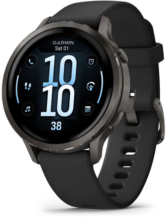 Zwarte Garmin Venu 4 smartwatch met een display dat 10:10, datum en diverse app-iconen toont.