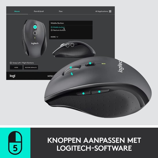 Zwarte Logitech M705 muis met 5 aanpasbare knoppen instelbaar via Logitech software.