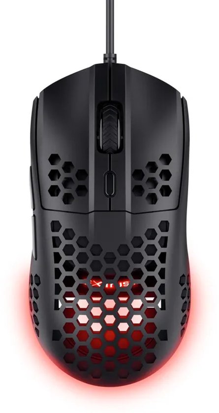 Zwarte bedrade gamingmuis met honingraatstructuur en rode RGB-verlichting.