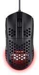 Zwarte bedrade gamingmuis met honingraatstructuur en rode RGB-verlichting.