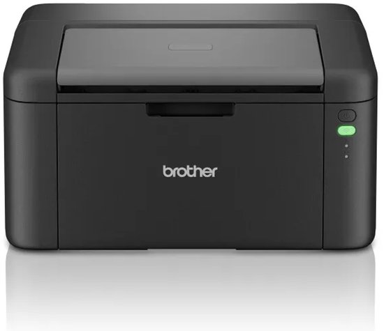 Zwarte Brother laserprinter, recht vooraanzicht met groen Wi-Fi-lampje.