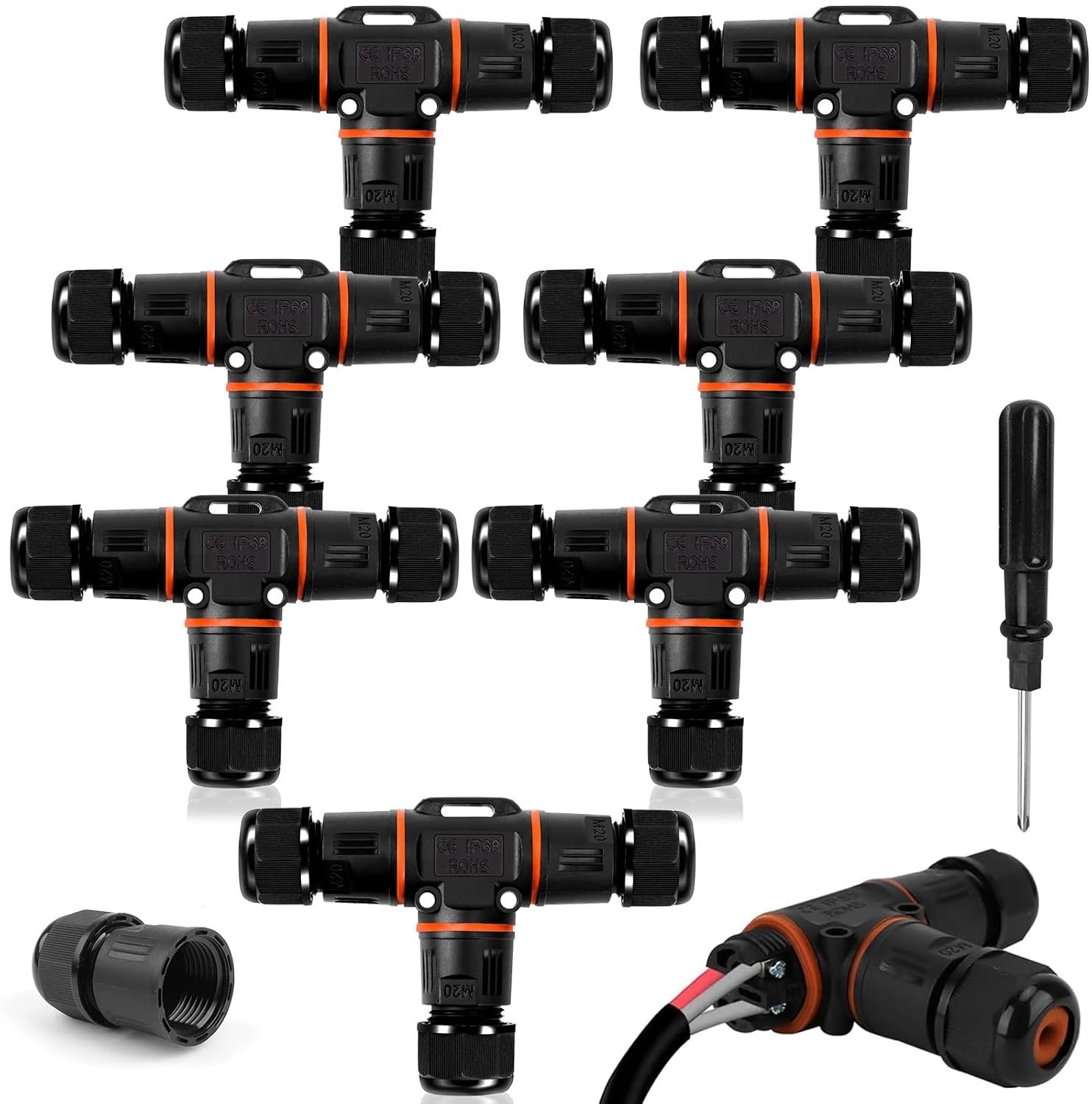 Waterdichte T-vormige kabelverbindingen, IP68, 3-polige 3-weg connectoren voor tuin en buitengebruik, geschikt voor kabeldiameter 3-12 mm, set van 8