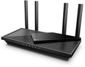 Zwarte TP-Link router met vier externe antennes en een gestreept patroon bovenop.