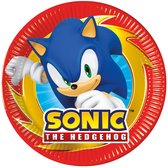 Rond papieren bordje met Sonic the Hedgehog, gele bliksemschicht en rode rand.