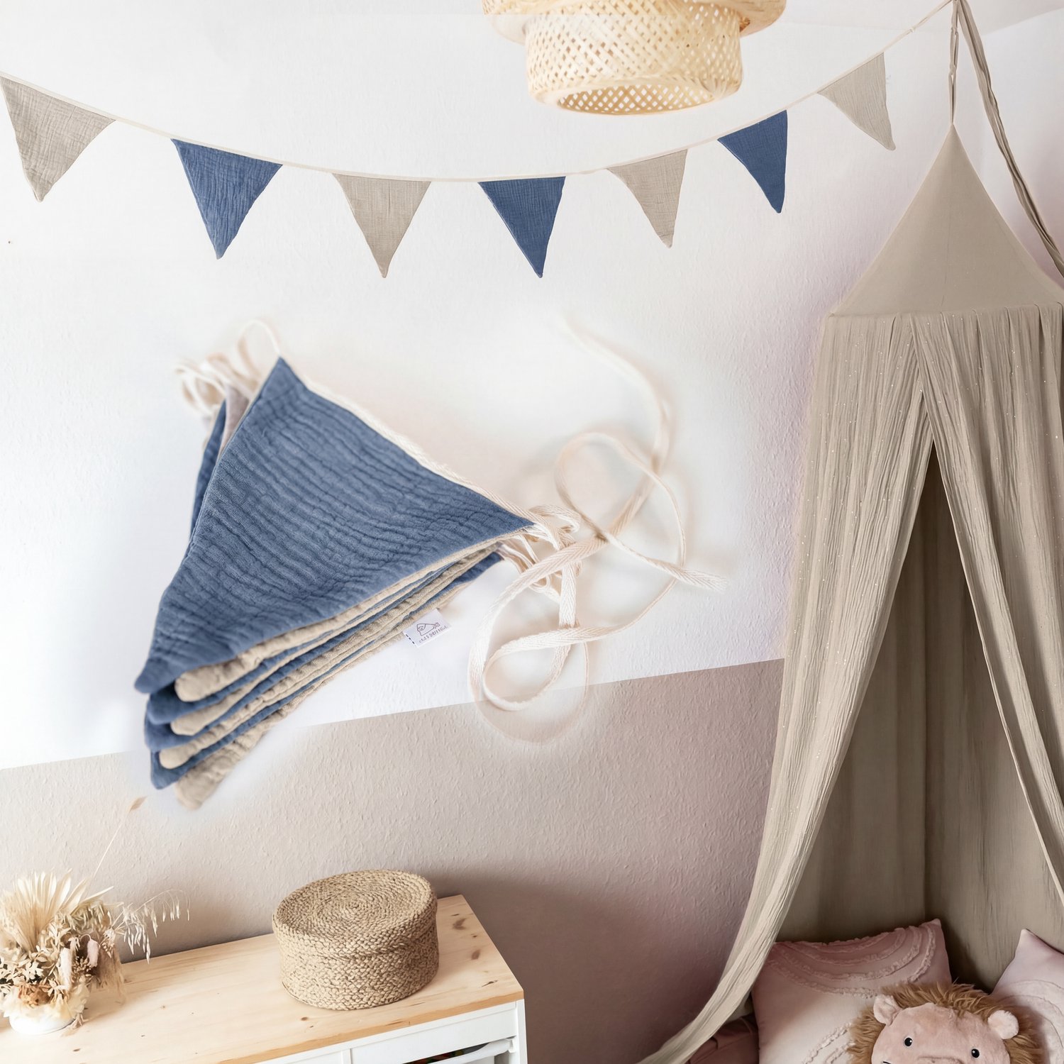 LILIMAUS Vlaggenlijn stof kinderkamer - stoffen slinger van mousseline katoen - 300 cm - blauw en lichtbeige