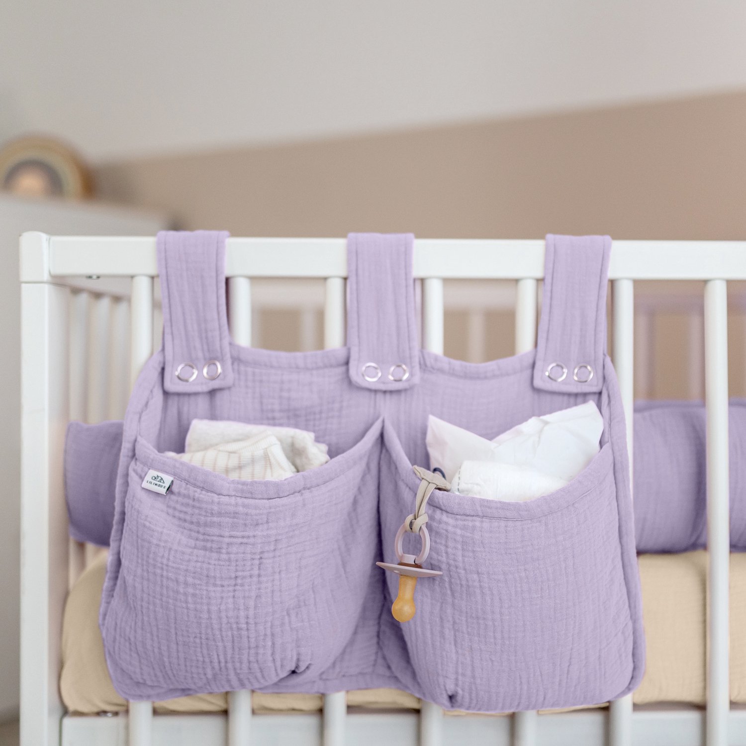 LILIMAUS Bed organizer voor kinderbed - hangend bedtasje met 2 vakken - mousseline katoen - lila