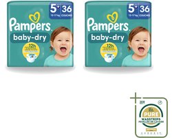 2 x Pampers – Luiers – Baby-Dry Maat 5+ (12-17 kg) – 36 Luiers - Wasstrips - Baby-luiers - Droge Huid - Droogheid - Absorberende Luiers - Baby Droogheid
