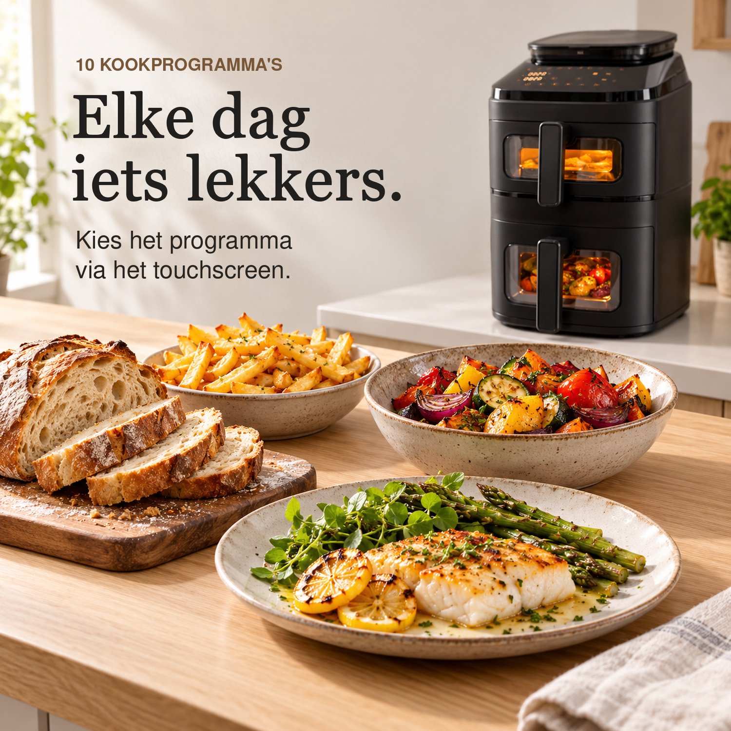 SwayTosh Cloud Airfryer met Stoomfunctie - 11L - PFAS Vrij - Double Stacked - Dubbele Airfryer XXL - Stomen én Airfryen - 2 Manden - 10 Kookprogramma's - 40-200°C - Dubbele Heteluchtfriteuse - 2750W thumbnail 5