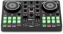 Bovenaanzicht van zwarte Vonyx Spin200 DJ-controller met twee jogwielen en centrale mixersectie.
