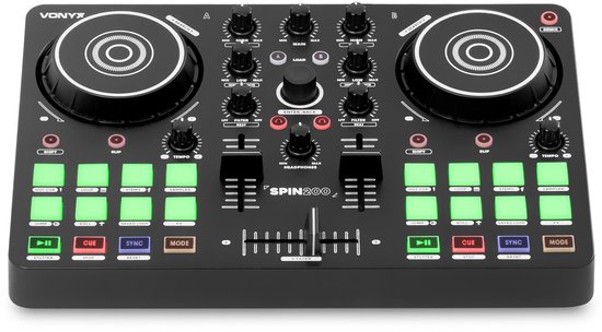 Bovenaanzicht van zwarte Vonyx Spin200 DJ-controller met twee jogwielen en centrale mixersectie.