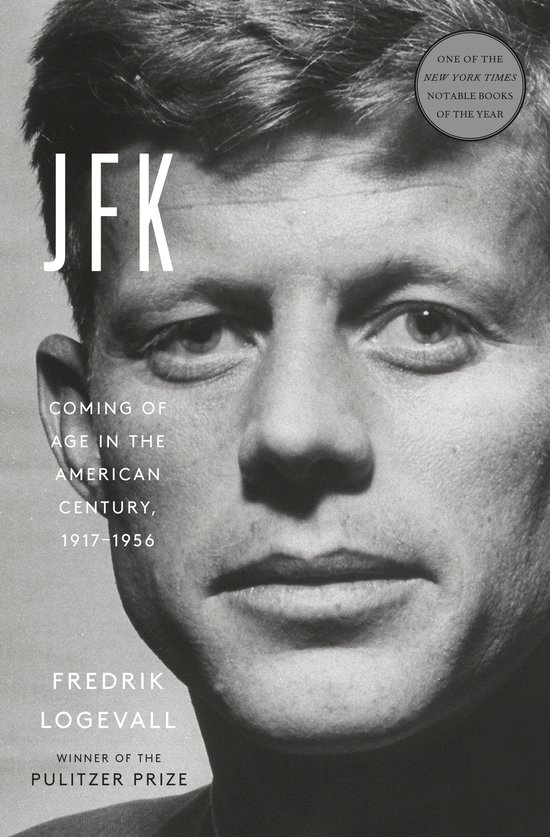 Zwart-wit boekomslag met een portret van JFK, inclusief titel en tekst over de Pulitzerprijs.