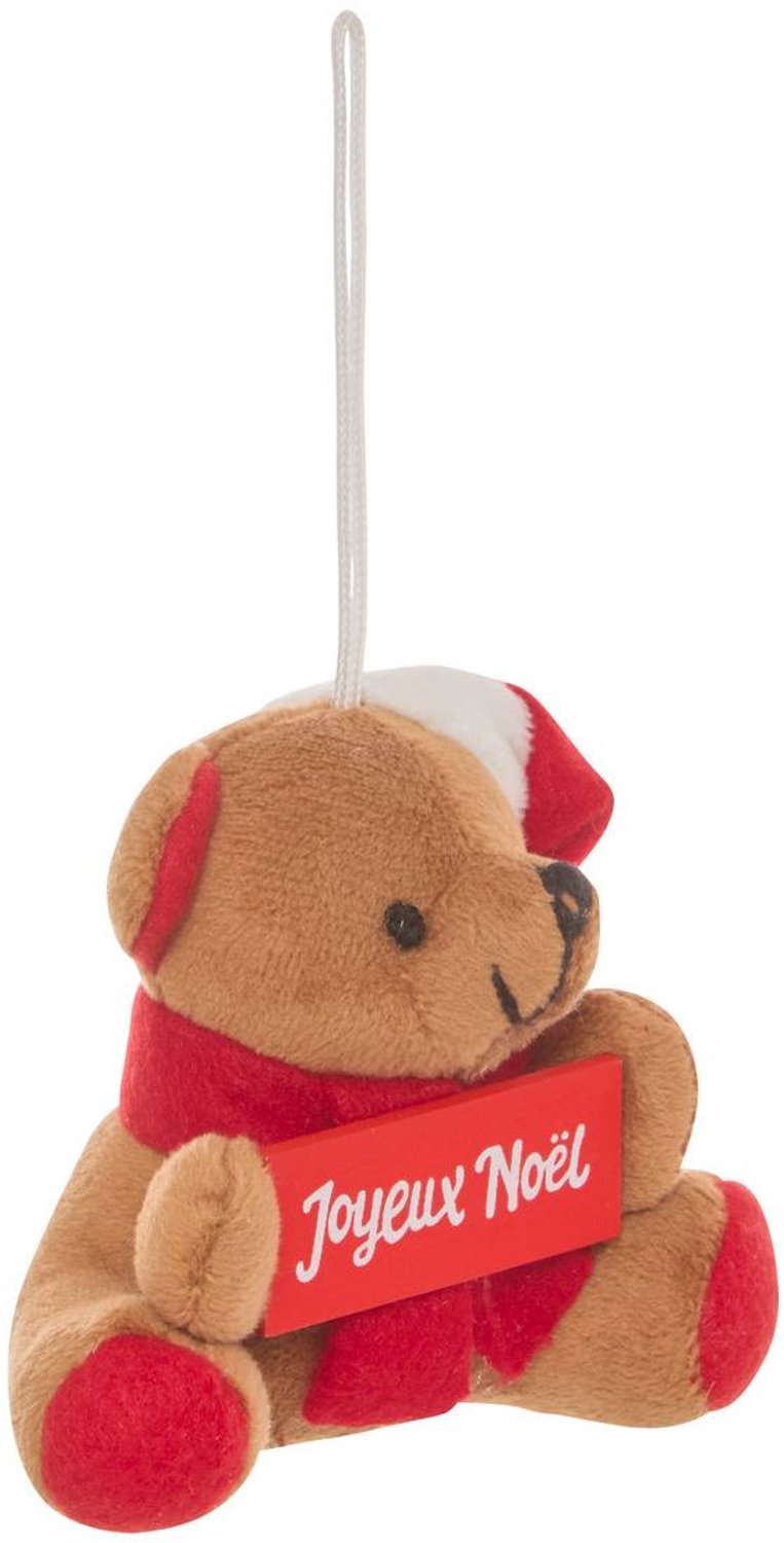 Feeric lights & Christmas Hangende kerstboomversiering in de vorm van een beer met een textielbordje met de tekst 'Vrolijk Kerstfeest', 8 cm Marron