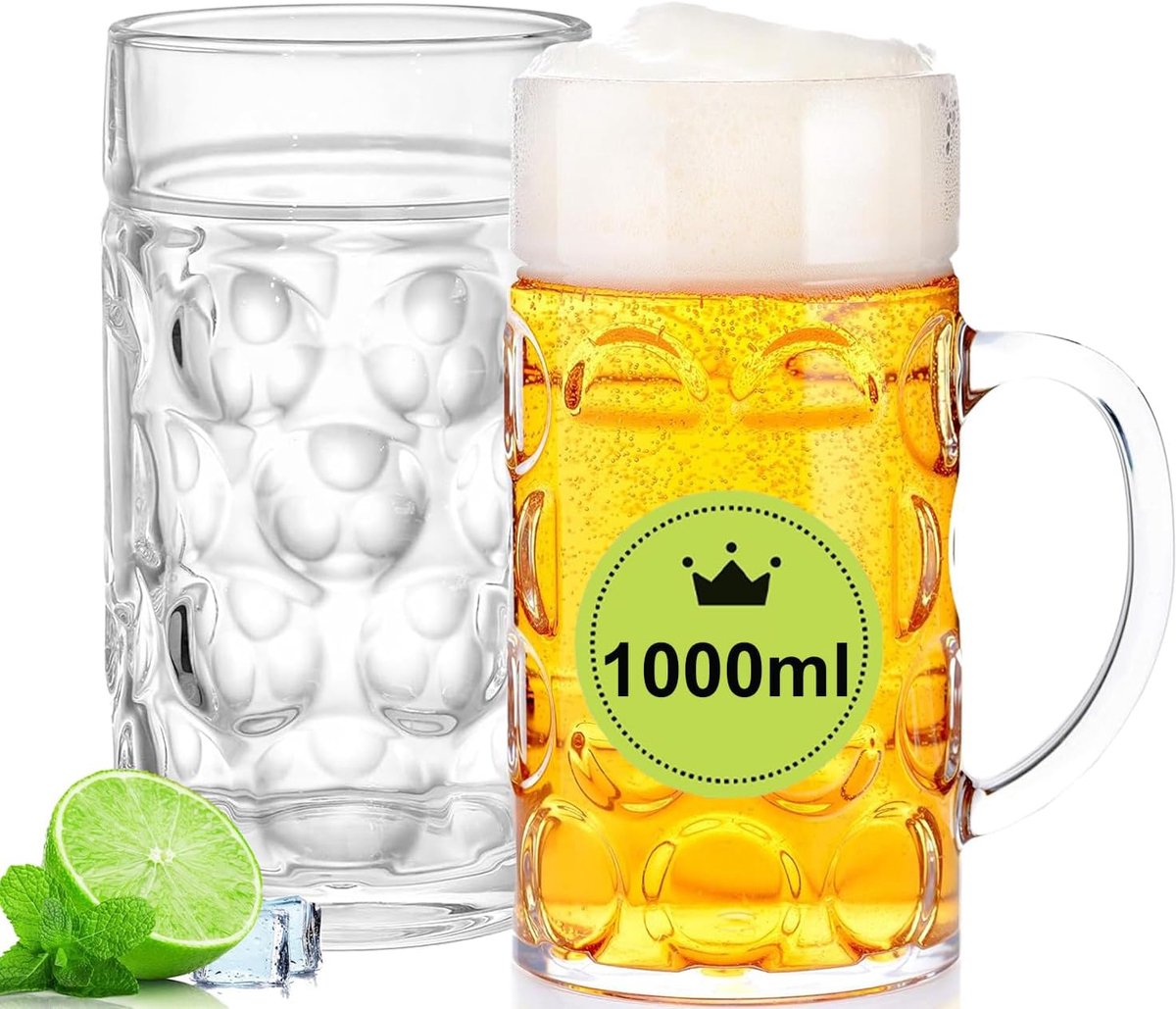 AXIM Plastic bierpullen met handvat, 2 stuks 33 oz doorzichtige hervulbare bierpul drinkbekers voor vriezer, grote - ShopVlot