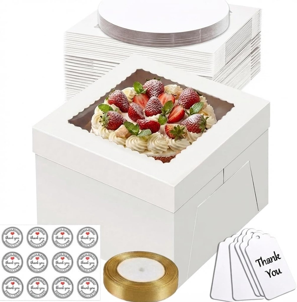Set van 5 taartdozen, 20 x 20 x 20 cm taartdoos met venster en 5 ronde taartplanken, taartverpakkingsset voor - ShopVlot