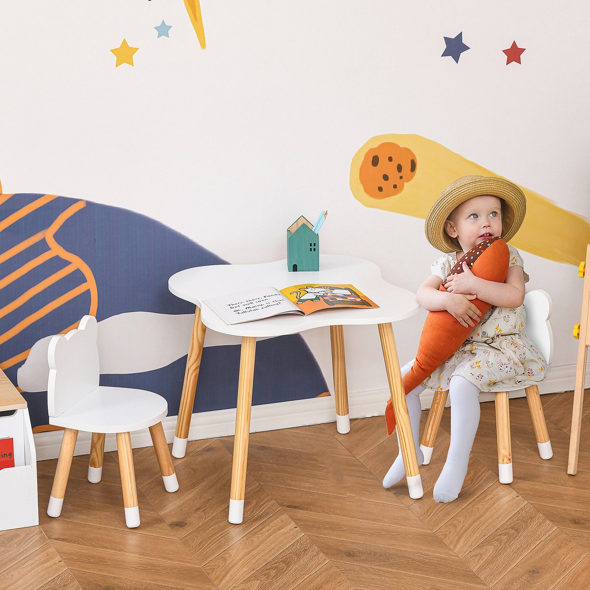 Kindertafel en stoelen set - Scandinavisch design - Beertjesmotief - Wit - Grenen hout - MDF
