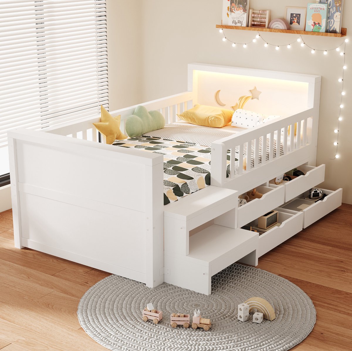REDOM - Kinderbed - 90 x 200 cm - Sterren- en maanmotief - LED-verlichting - Opberglades - Veiligheidsgitter - Stappen - Hout - Wit - 204 x 114 x 79,8 cm