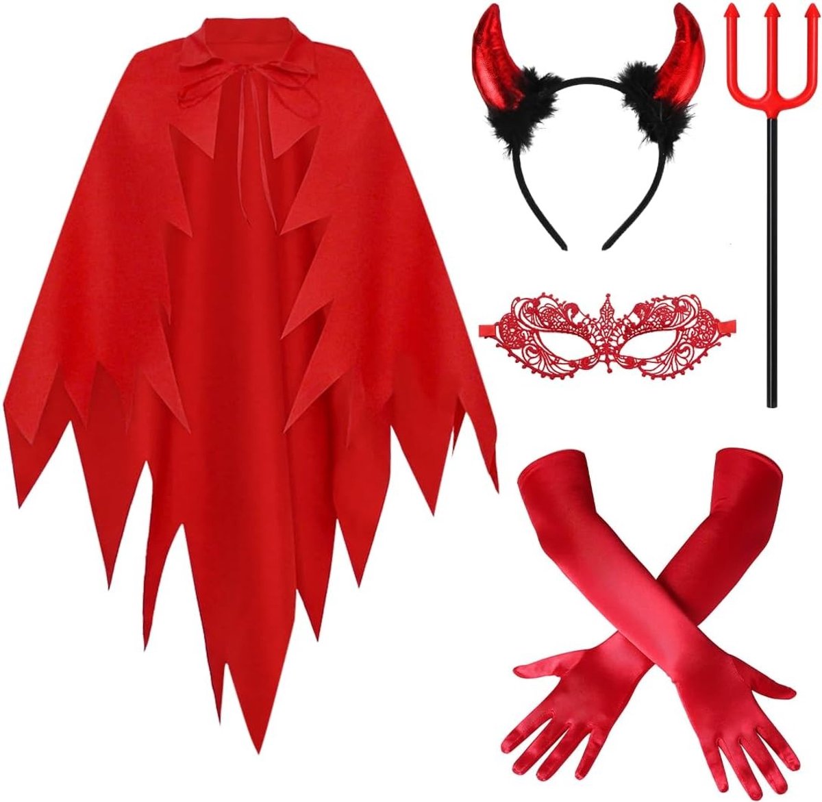Demonenkostuum voor Vrouwen met Hoorns, Rode Handschoenen, Oogmasker en Trident voor Halloween en Carnaval