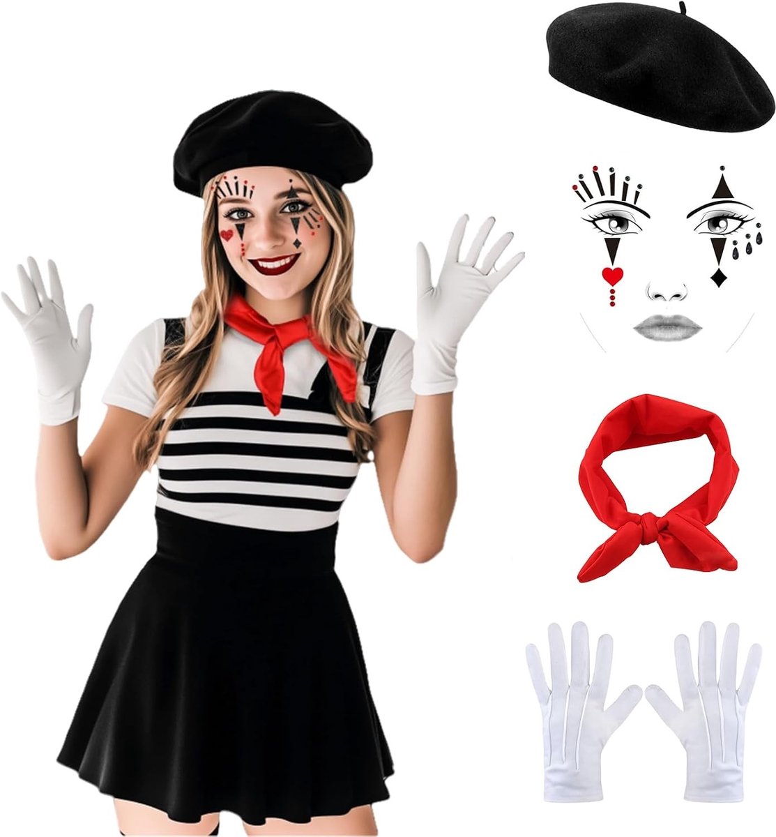 Pantomime Kostuum voor Dames en Heren met Zwarte Baret, Rode Kleding en Witte Handschoenen voor Carnaval en Feestjes