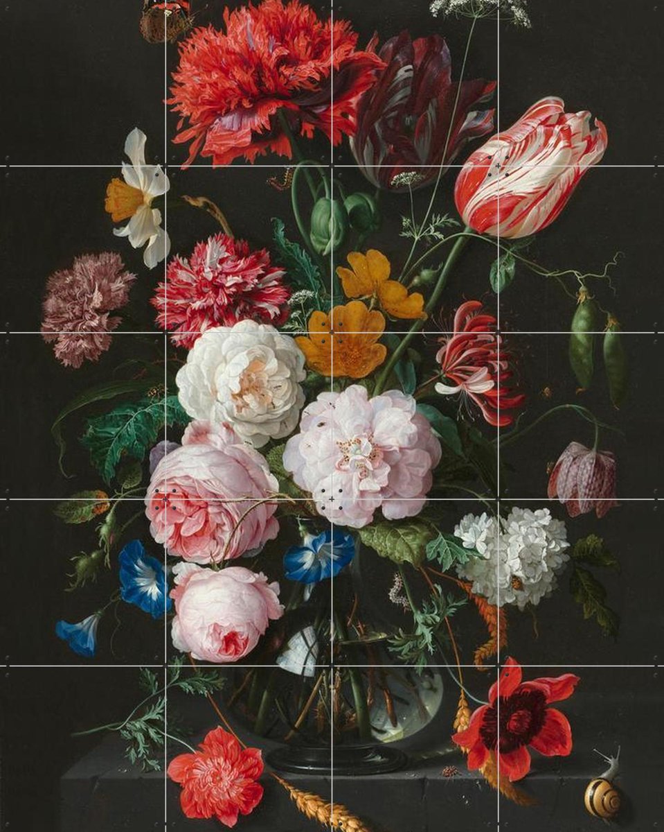 IXXI Stilleven met bloemen in een glazen vaas, Jan Davidsz. De Heem & Rijksmuseum - 80 x 100 cm - Grote wanddecoratie en posters - Klassiek Rood / Donkere tinten