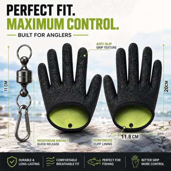 Twee zwarte vishandschoenen met neon-groene voering en een magnetische snelsluiting, inclusief maataanduidingen.