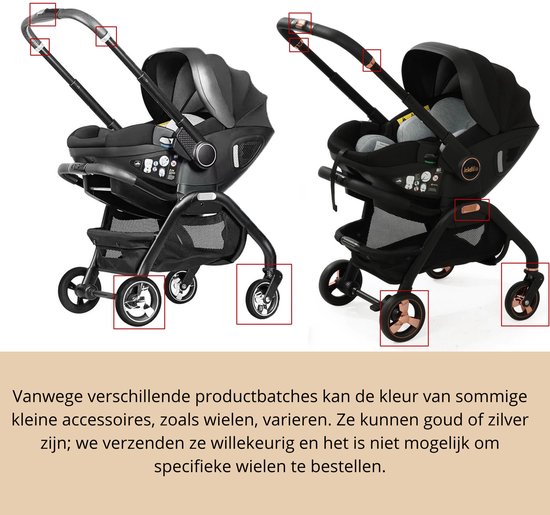 Zwarte kinderwagen met een verstelbare duwstang. Wielen kunnen goud of zilver zijn.