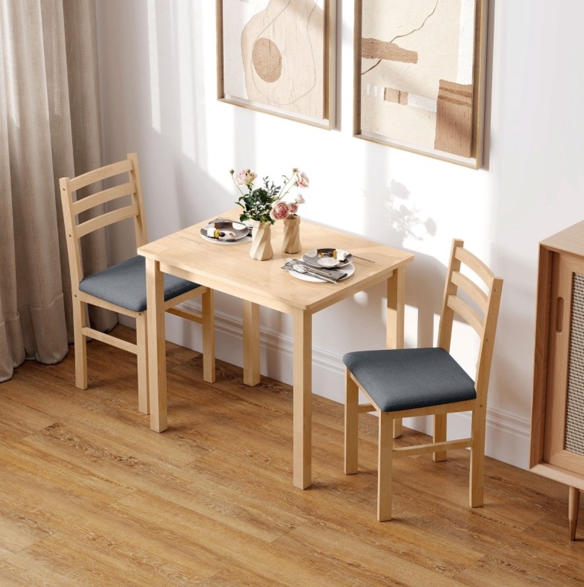 3-delige eettafelset met 2 stoelen, compacte eettafelset voor kleine ruimtes, gepolsterde stoelen, platzbesparend, Hout, Naturel hout