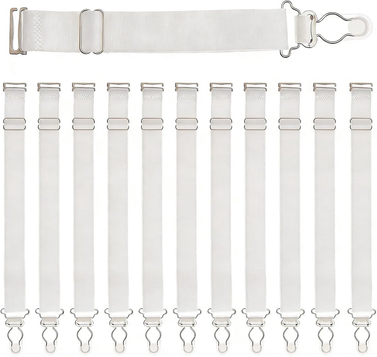12 Stuks Elastische Garter met Verstelbare Klemmen voor Thigh High Kousen, Antislip Clips en Bandjes voor Dames en Heren, Wit, 260x22.5x1~5mm